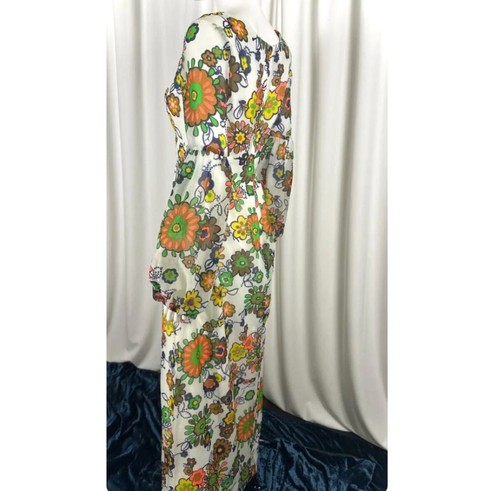 Vintage 1960’s Floral Printed Chiffon Maxi Dress - Peasant Sleeve Gown - Small - Picture 7 of 10